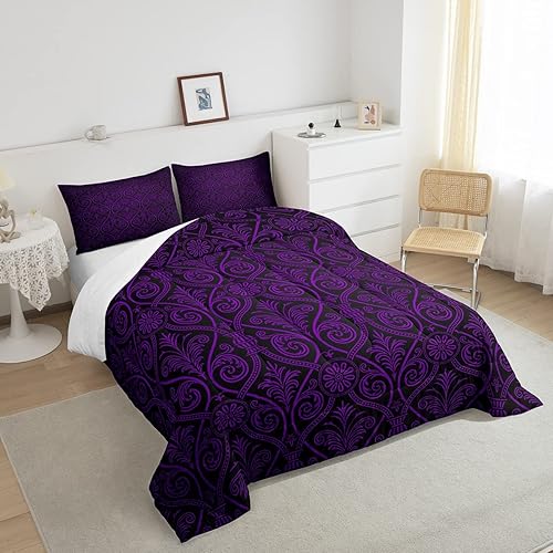Miniatura 4 de Erosebridal Juego de edredón floral de color morado y negro degradado para niñas y mujeres, tamaño Queen, juego de ropa de cama gótico barroco de