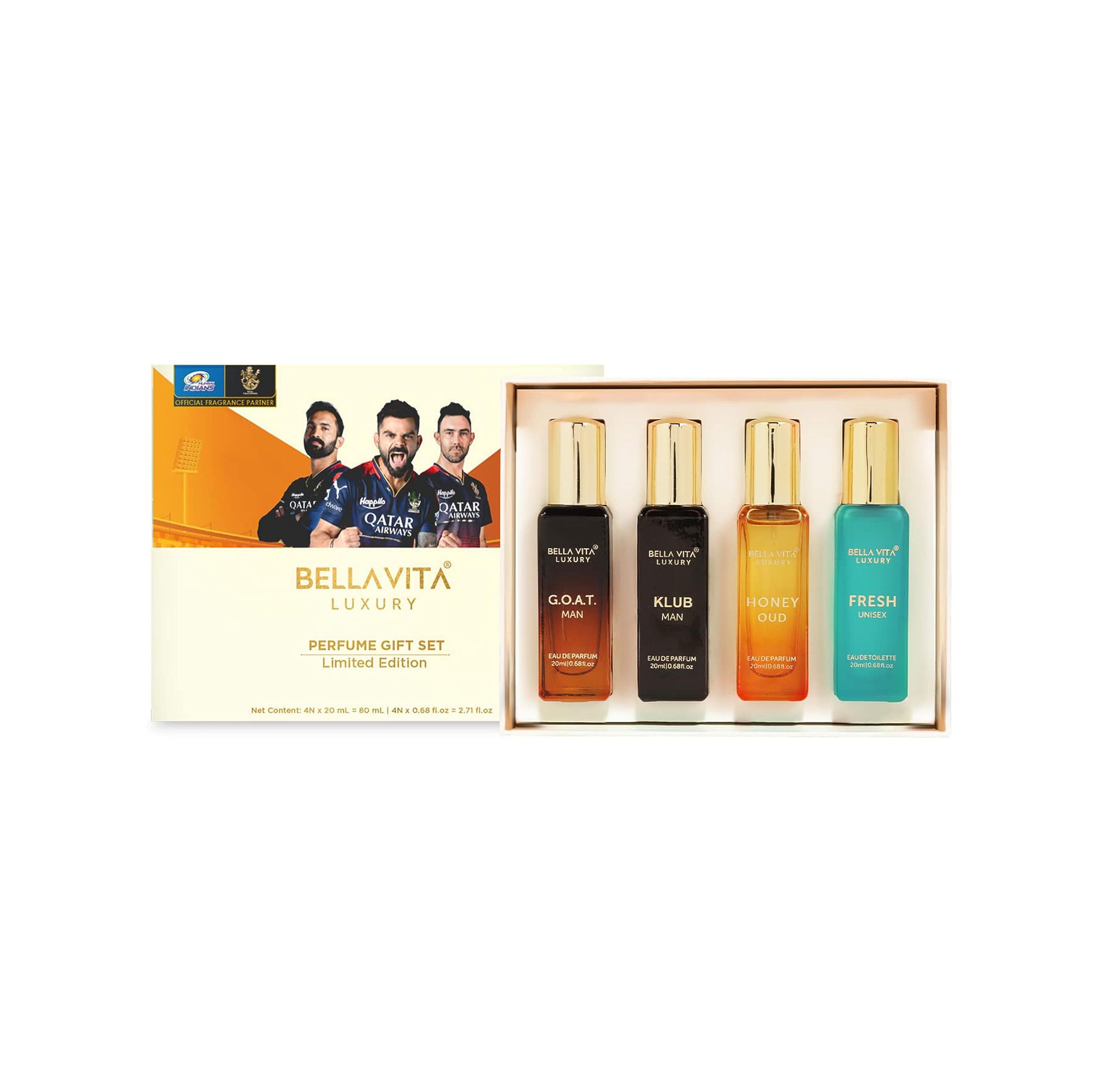 Bella Vita Luxus-Unisex-Parfüm-Geschenkset für Männer und Frauen, 4 x 20 ml, limitierter Luxusduft mit langanhaltendem moschusartigen, holzigen, frischen und orientalischen Duft