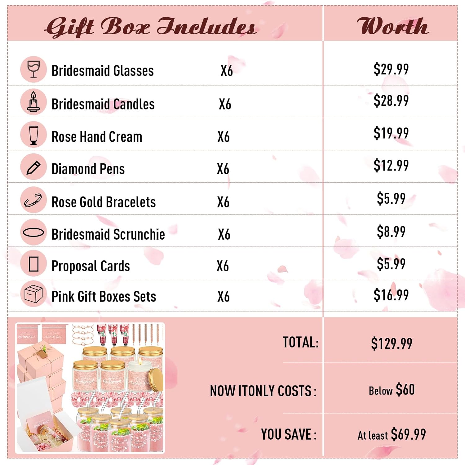 Teenyyou 60 Pcs Bridesmaid Proposal Gifts Bridesmaid Box Set, Maid of Honor Gifts Include Box Glass Cup Candle Cards Hair Ties Knotted Bracelets Hand Cream Diamond Pens(Pink)