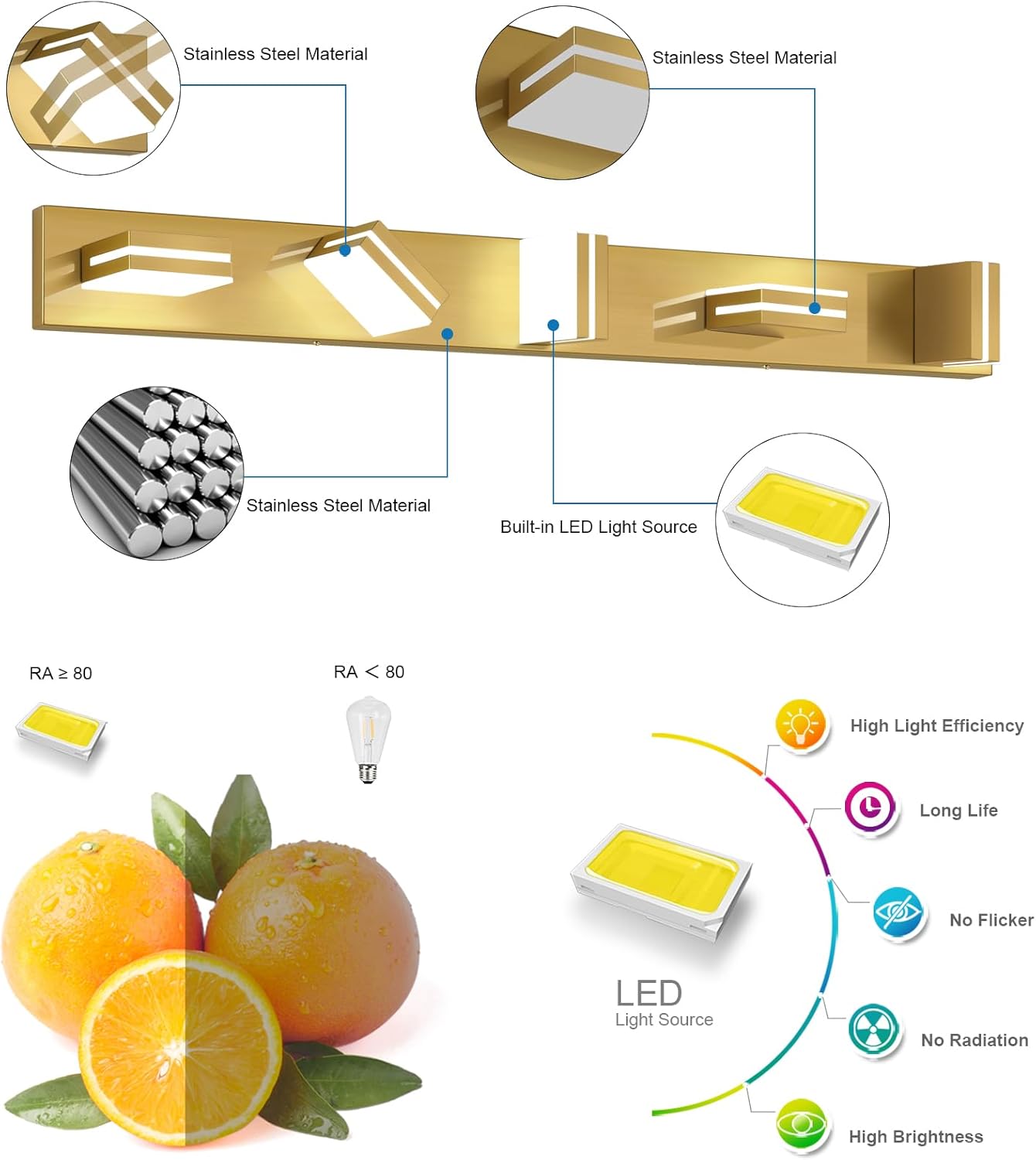 SineRise LED Modern Bathroom Vanity Light Fixtures (5-Light, 40-Inch), Brass Modern Acrylic Bathroom Wall Lighting Fixtures Over Mirror (Cool White 6000K)