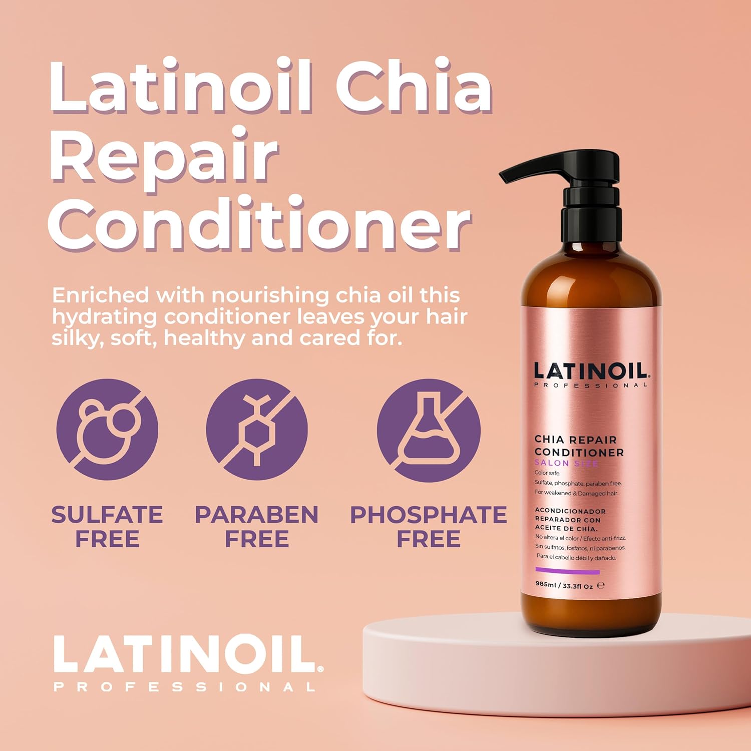 LATINOIL - Chia Hair Repair Conditioner Treatment Paraben & Sulfate Free, with Keratin, for Curly, Dry, Oily, Damaged, Color Treated, Fine, Gray, Bleached Hair - Salon Size 33 Oz