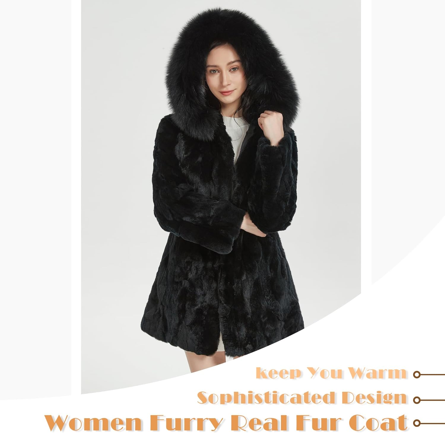 Women's Genuine Rabbit Fur Coat with Raccoon Fur Trim Hood Winter Jacket - Image 4