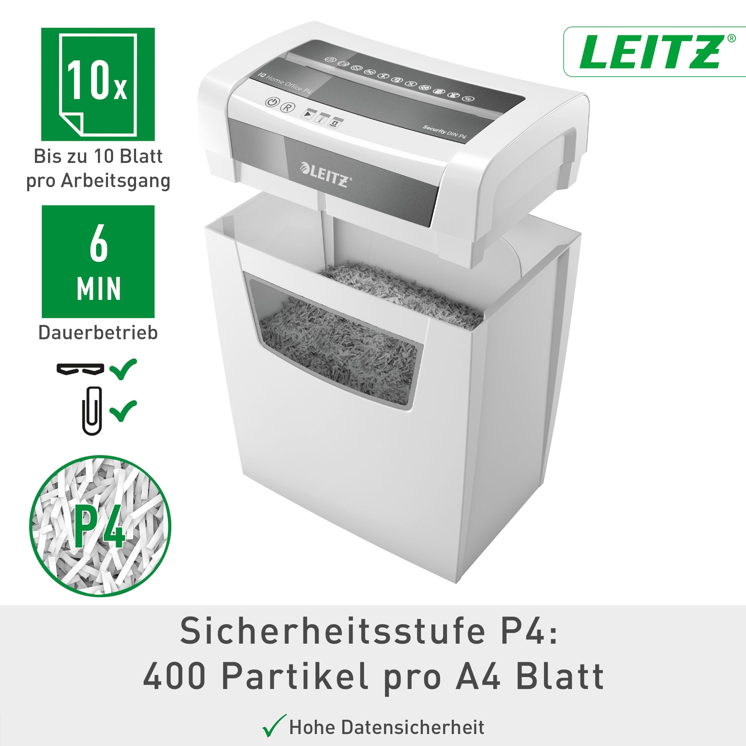 Leitz IQ Aktenvernichter Home Office, 12-10 Blatt (70-80 g/m²), TÜV+GS zertifiziert, Partikelschnitt, Sicherheitsstufe P4, Die Nummer 1 am Markt, 23L Behälter, Schredder für Büro, Weiß, 80090000