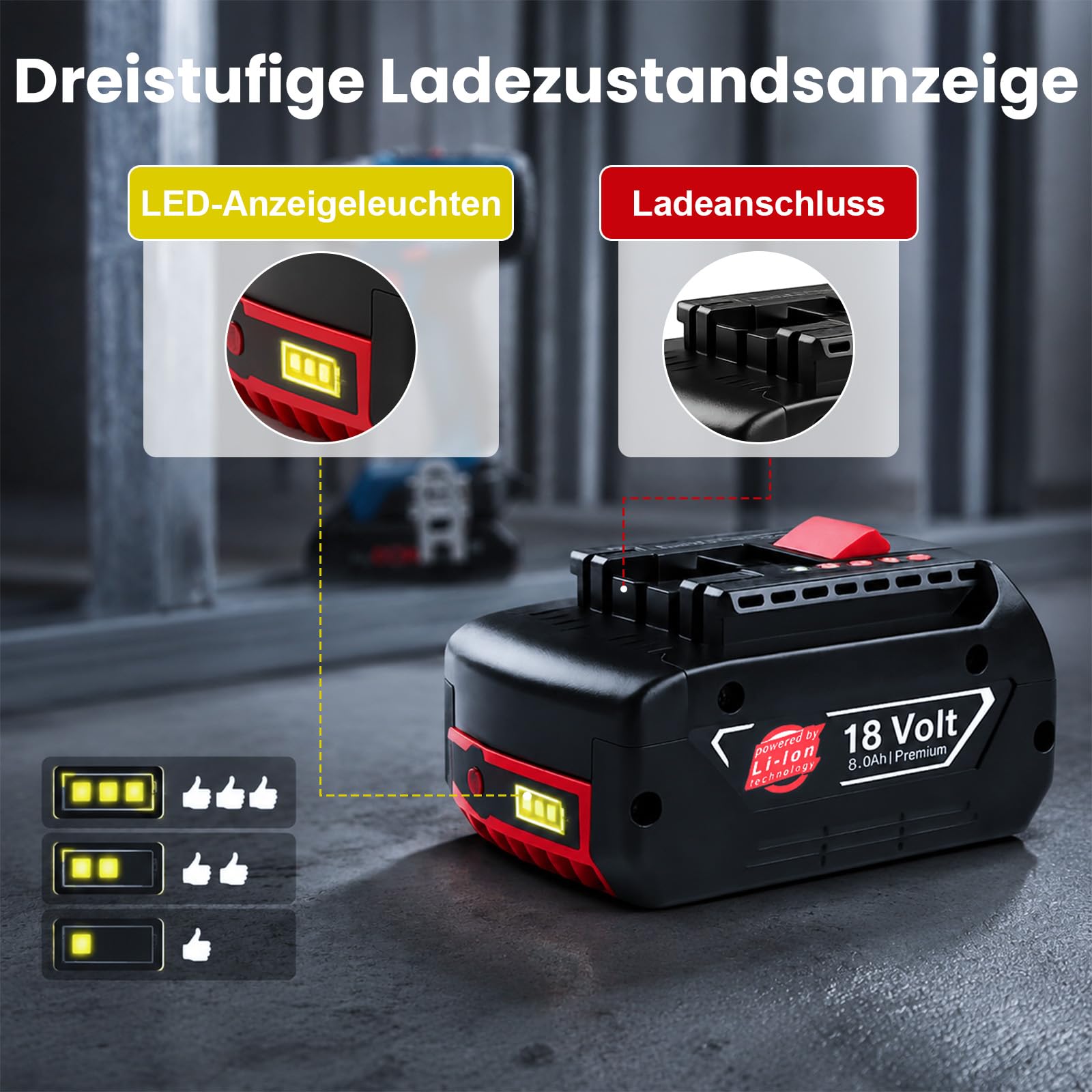 2 Stück 8Ah Lithium-Ionen Ersatzakku Kompatibel mit Bosch Akku 18V | Akku mit LED-Anzeige, für BAT618, BAT609, BAT619, BAT612, BAT622, BAT610, BAT609G, BAT619G, BAT618G und BAT610G