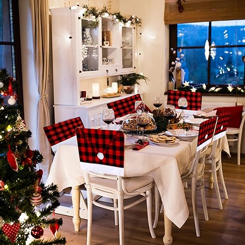 Miniatura 7 de FOIMAS Fundas para silla de sombrero de Papá Noel, 4 unidades, diseño de búfalo a cuadros de Navidad, funda trasera para silla de comedor de