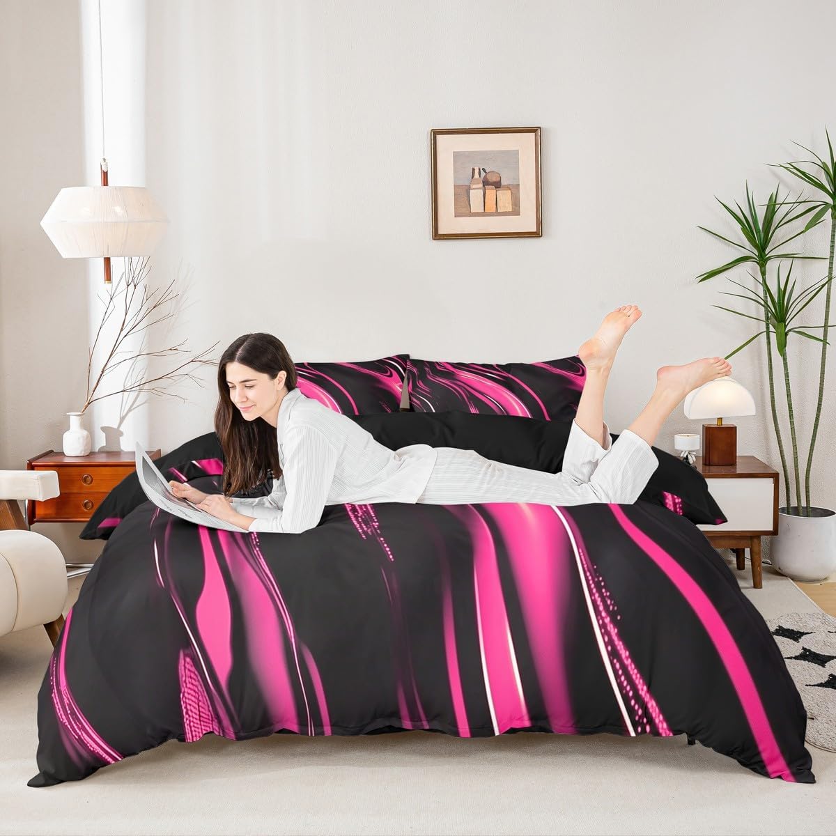 jejeloiu Rosered Duvet Cover Toddler Size Strip Lines Bedding Set for Kids Geometric Modern Comforter Cover,NO Comforter