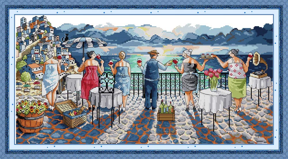 CaptainCrafts Cross Stitch Kits Stamped Cross Stitch Preprinted 14CT Fabric Cross Stitch DIY Art Embroidery Kits (Preprinted 14CT, People's Gathering Leisure Life)