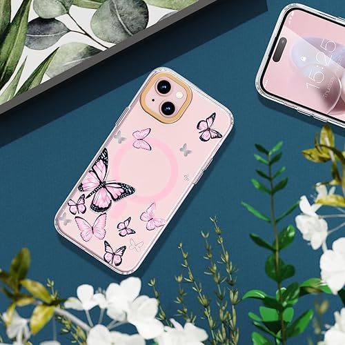 Miniatura 9 de MILPROX Funda compatible con iPhone 15, compatible con MagSafe, bonito patrón floral de mariposas con niñas y mujeres, funda protectora magnética