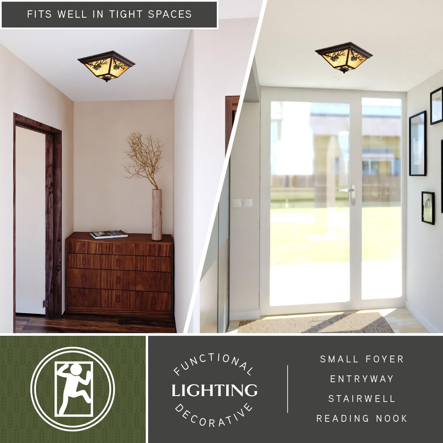 VAXCEL Douglas Warm Bronze Rustic Outdoor Flush Mount Ceiling Light Pine Cone Motif Amber Glass