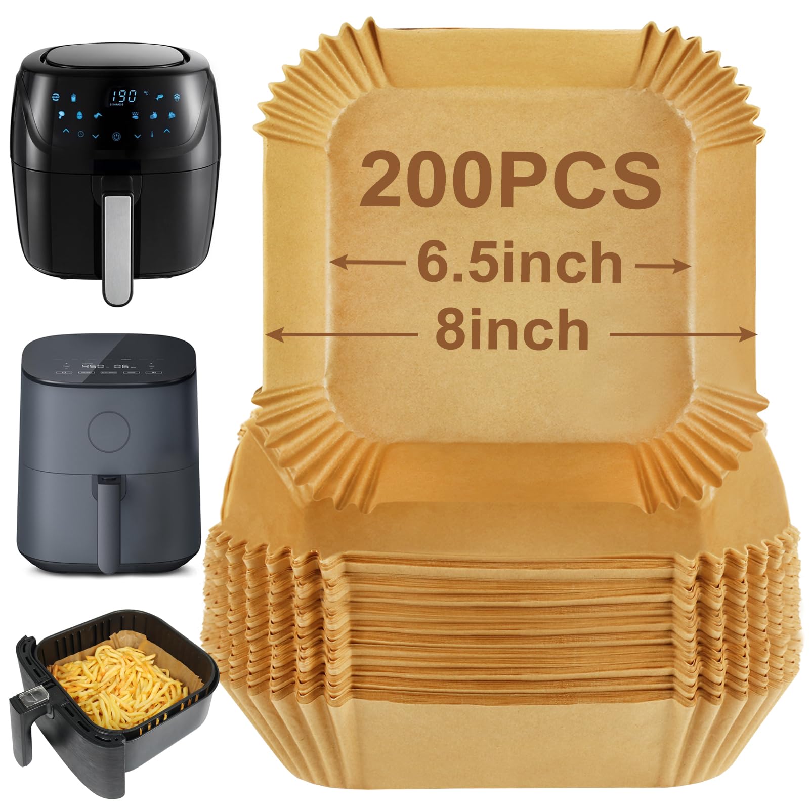 BYKITCHEN Backpapier für Heißluftfritteuse, 200 Stück, 20 cm, ungebleicht, antihaftbeschichtet, öl- und wasserabweisend, Einweg-Papiereinlagen für Airfryer 3,5–4,7 L