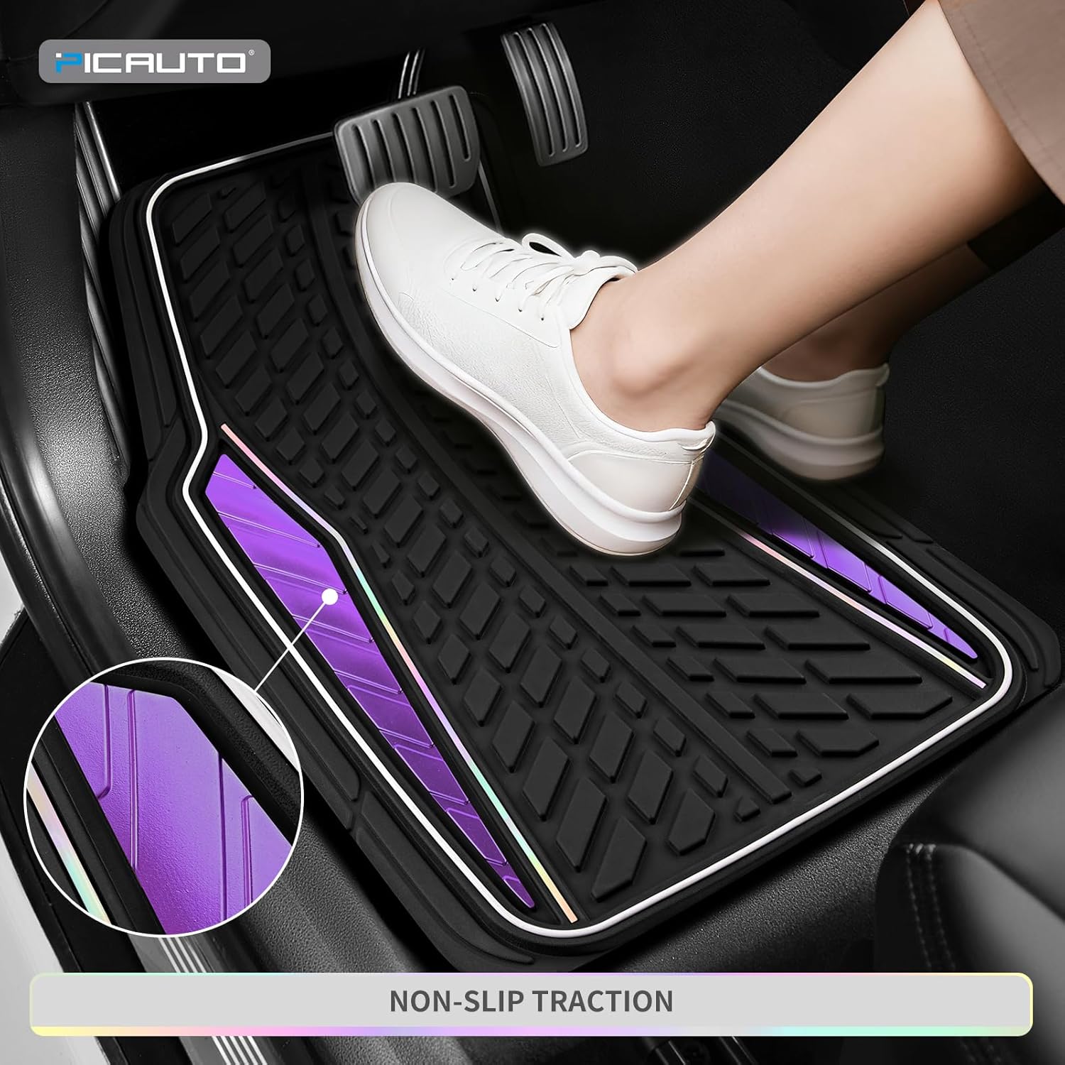PIC AUTO Car Floor Mats, Purple Aluminum-Molded with Full-Circle Iridescent Inlay Strip Car Mats, Universal-Fit Rubber Mats for Cars, Trucks & SUVs, All-Weather, Non-Slip, Easy-to-Clean Interior Mats - Image 5