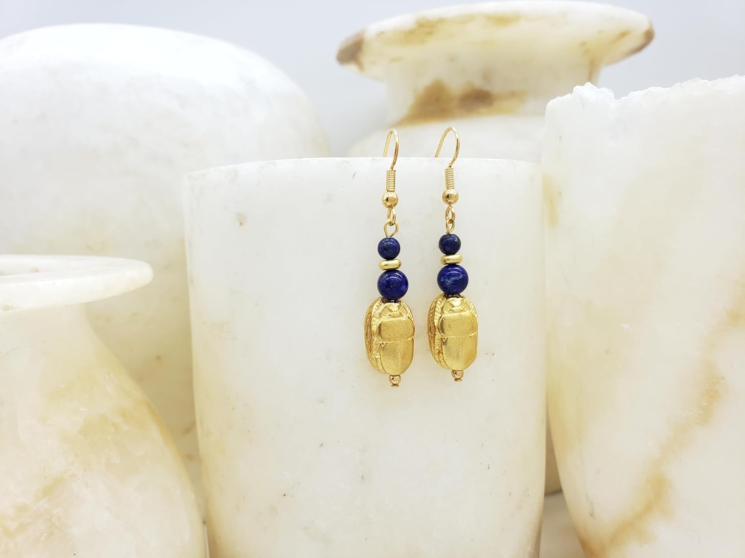 Scarab and Lapis Earrings - Gold Finish