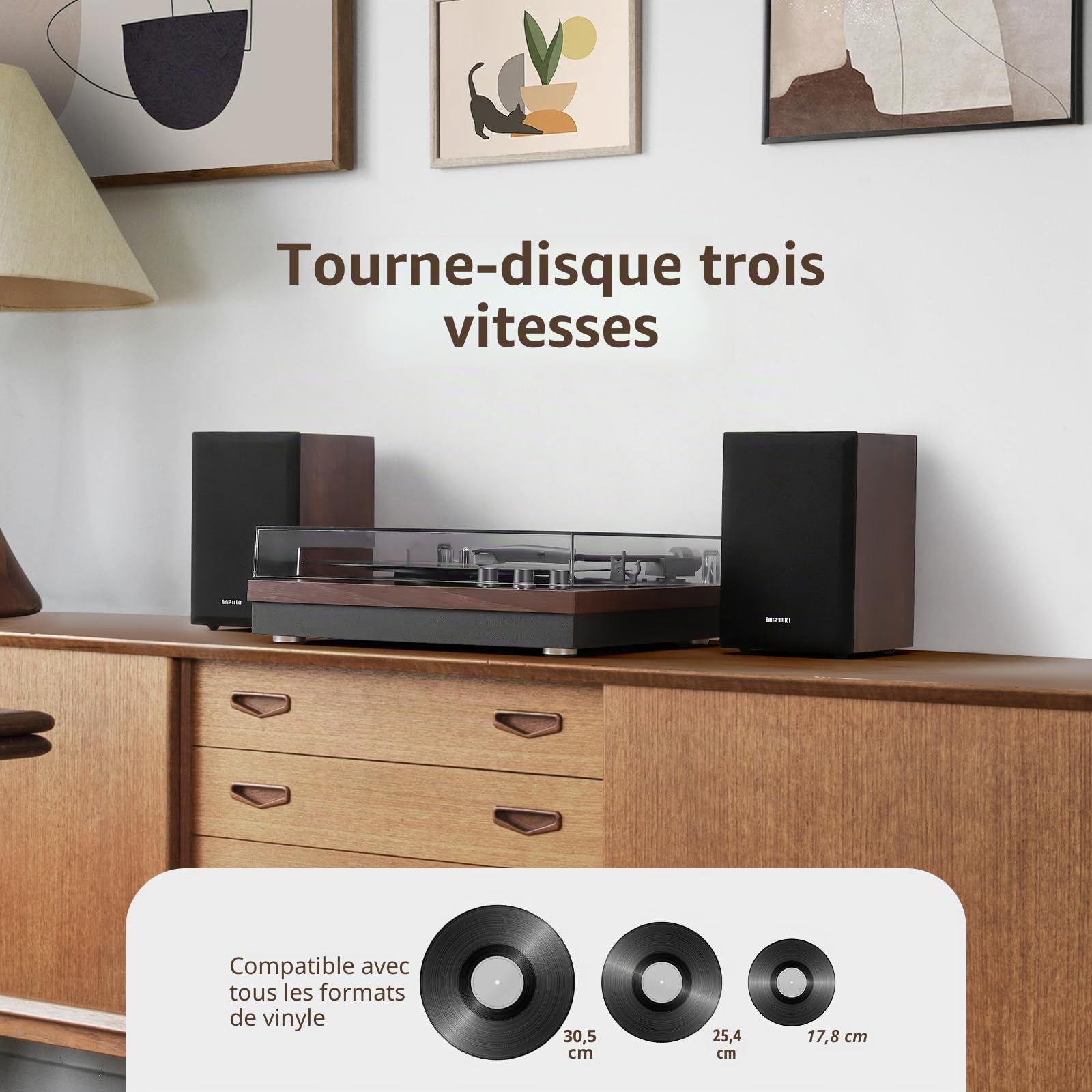 Tourne-disque 3 vitesses, 2 haut-parleurs extérieurs 15 W, Bluetooth, entrée auxiliaire, USB, LP-MP3, lecteur vinyle vintage, bois foncé