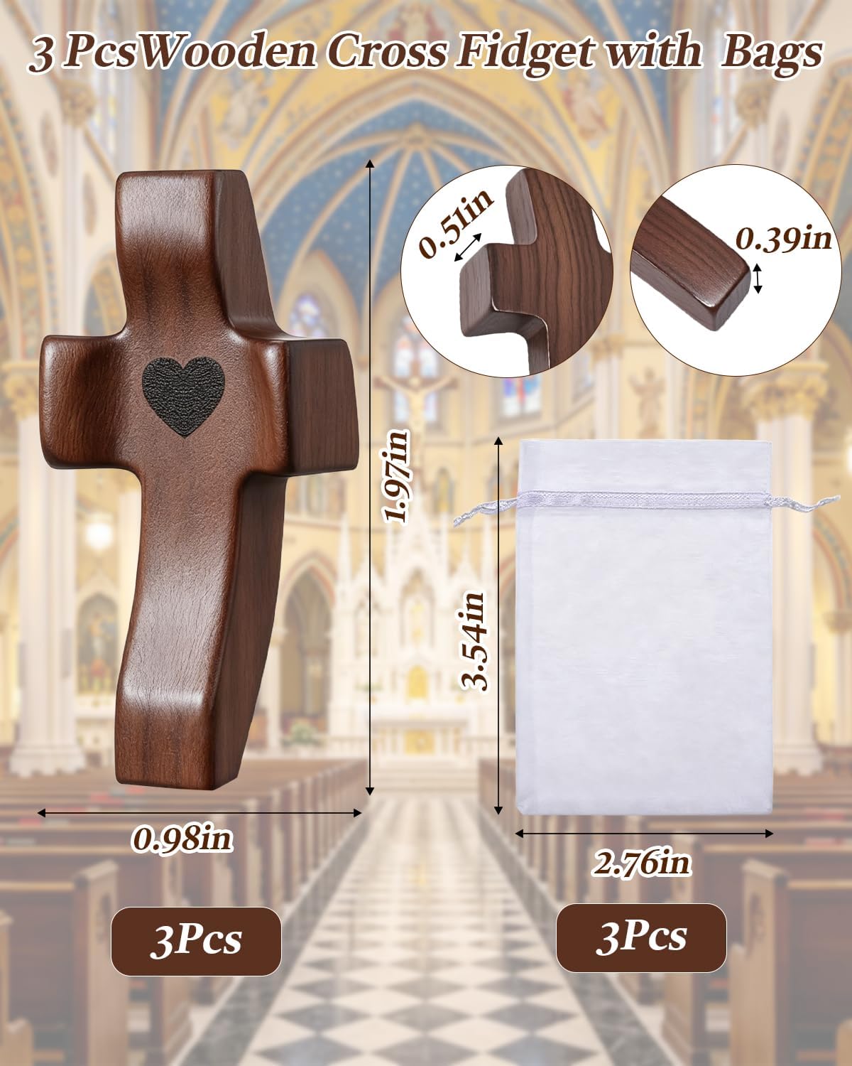 3 Pcs Wooden Cross Fidget,Cross My Heart,Walnut Handheld Fingertip Pocket Cross with Organza Bags,Anxiety Relief Prayer Cross,Small Wooden Crosses for Church,Christian Religious Gifts