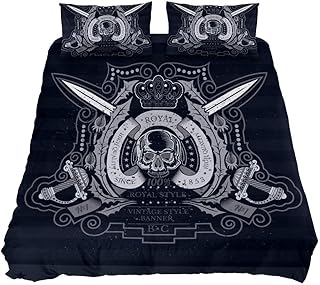 MUMIMI Dekoracyjna 3-częściowa pościel zestaw poszewek na kołdrę z 2 poszewkami na poduszki, cztery rozmiary, czaszka z wieńcem mniszek lekarski krzyżowe miecze