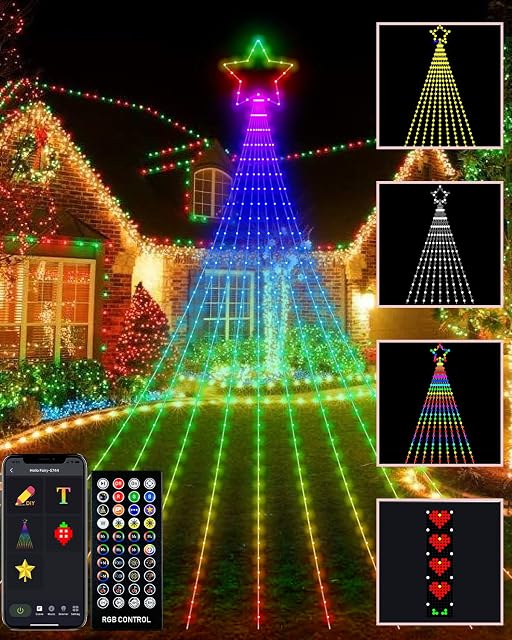 Outdoor Christmas Decorations Lights with Star, Smart DIY Custom Display 3.6M 64 Modes Yard Waterfall Tree String Lights, App Control 344LED RGB Colour Changing Music Timer for Xmas Tree Lawn Decor