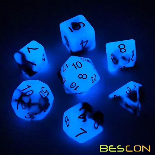 Miniatura 3 de Bescon - Juego de dados poliédricos de dos tonos que brillan en la oscuridad Blue Dawn juego de dados RPG luminosos d4 d6 d8 d10 d12 d20 d caja de