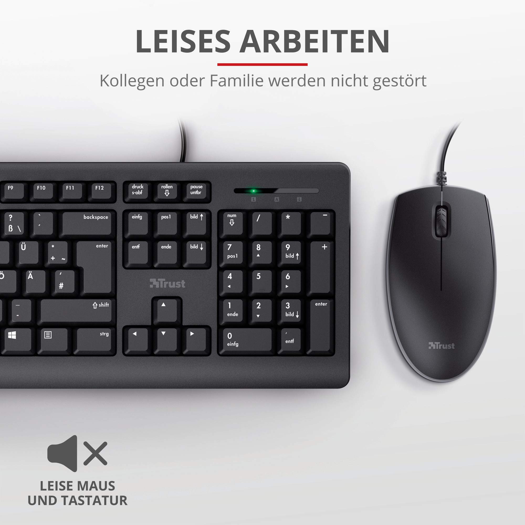 Trust Taro zestaw przewodowej klawiatury i myszy, niemiecki układ QWERTZ, ciche przyciski i myszy, ochrona przed rozbryzgami wody, port USB, do komputera, laptopa, MacBooka, Windows, macOS – czarny