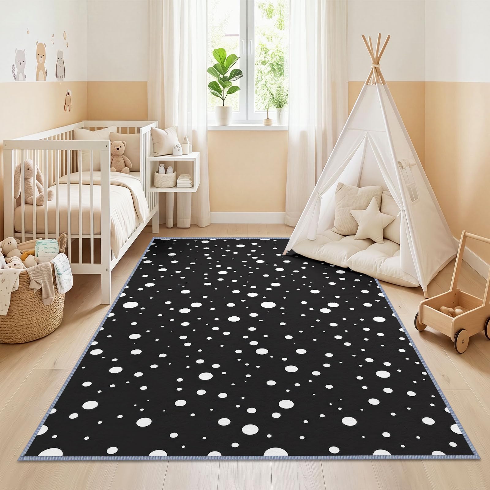 Générique Géométrie Pois Noirs Et Blancs Tapis Salon 160 x 230 cm, Lavable en Machine Antidérapant Tapis Moderne pour Chambre Descente de Lit Salle a Manger Bureau