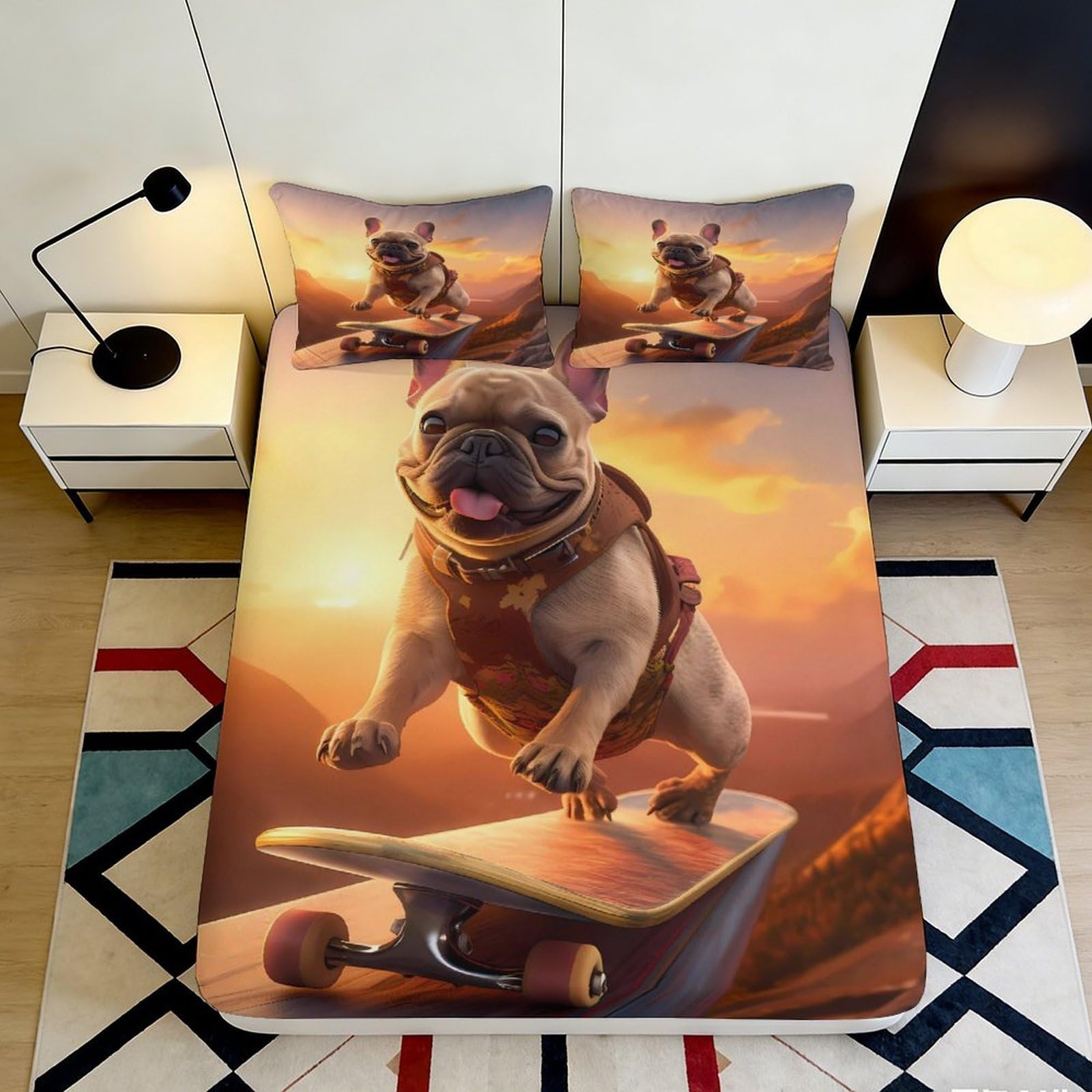 3D Printed Skateboarding Pug Fitted Sheet Microfiber Soft Breathable Sunset Dog Bed Cover for Bedroom Dorm Decor 90x200x25cm