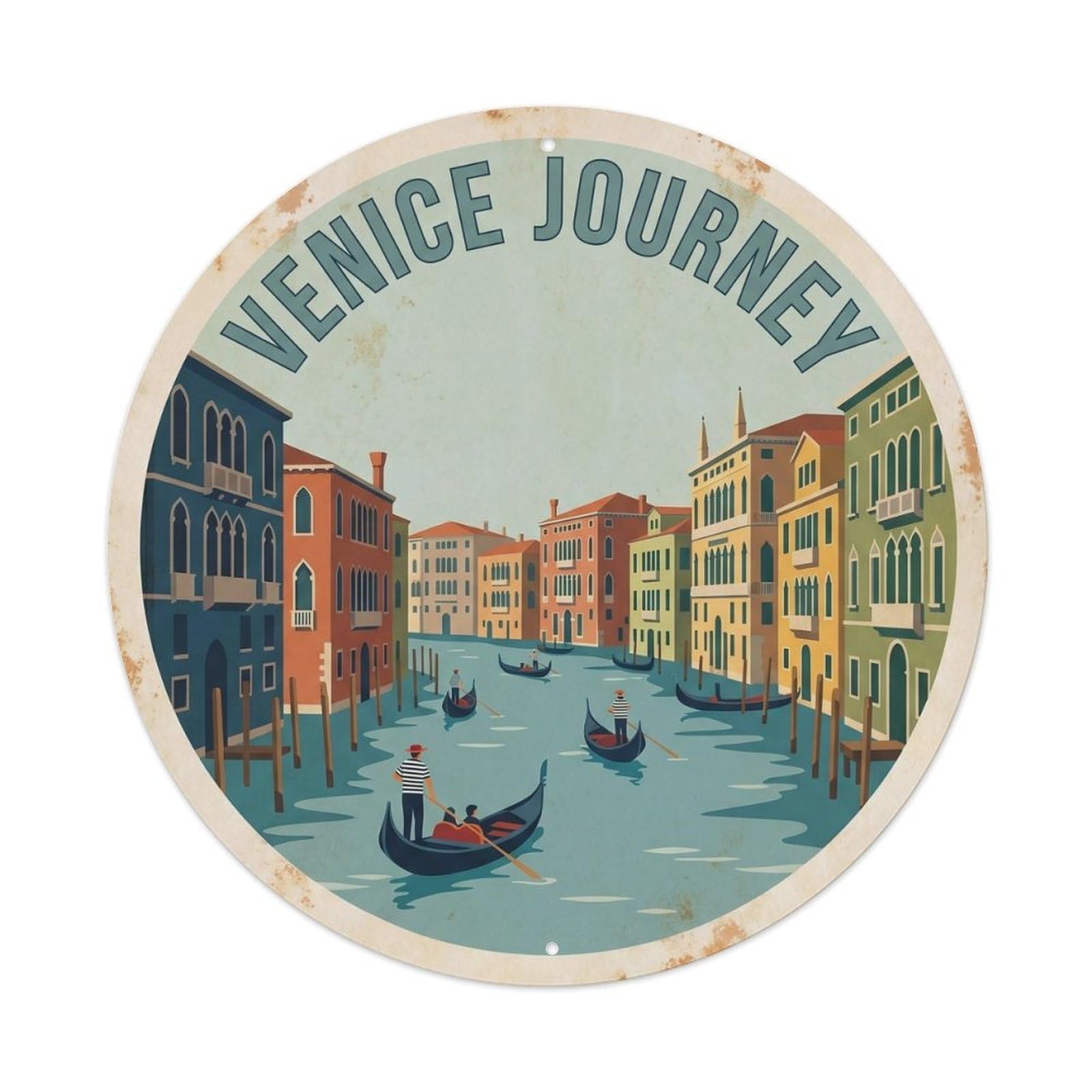 Italian Gondola Venice Canal Classic Waterway Travel Journey Metal Tin Sign Plaque Wall Decor for Cafe, Man Cave, Club Bar, Office, Home Garden Round Metal Poster 8x8Inch
