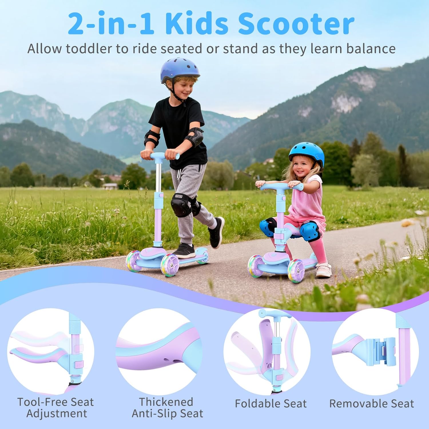 beleev a8 scooter for kids ages 3-12, 3 wheel folding scooter for toddlers girls boys, led light-up wheels, 4 adjustable height, lean to steer, extra wide wheels, three wheel kick scooter for children blue purple