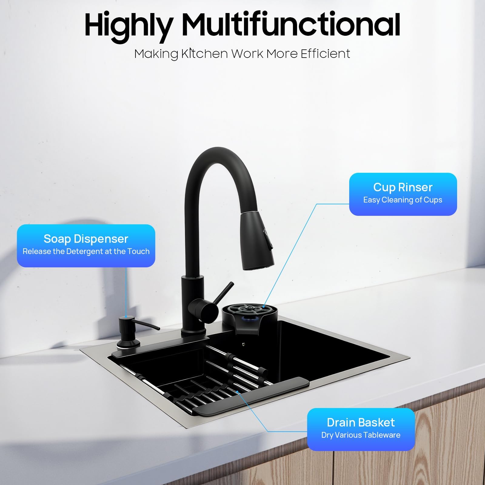 Fregadero Negro 1 Seno 40x45cm Fregadero Cocina Acero Inoxidable con Nano Recubrimiento, Grifo Extensible 360° y Enjuagador de Tazas - Fregadero Multifuncional con Dispensador de Jabón 300ml