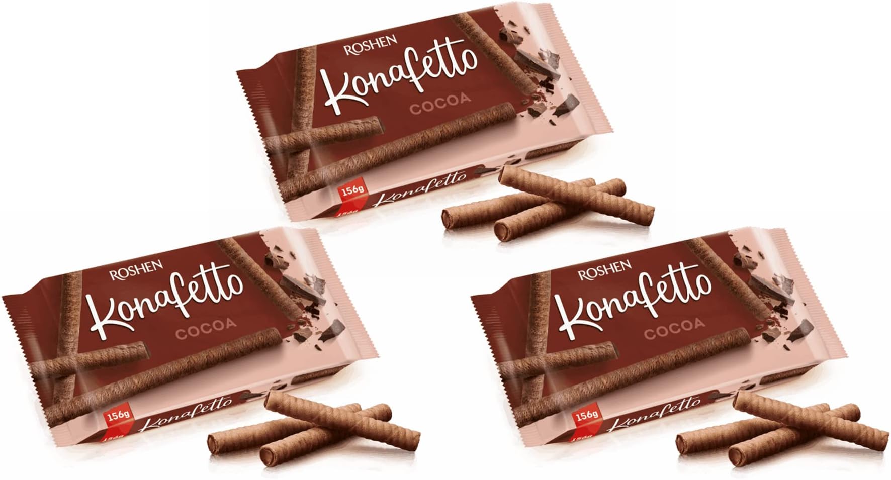 Roshen Crispy Flavorful Wafer Rolls "Konafetto" with Cocoa-Cream Filling, 4.94oz/156 grams Pack of 3