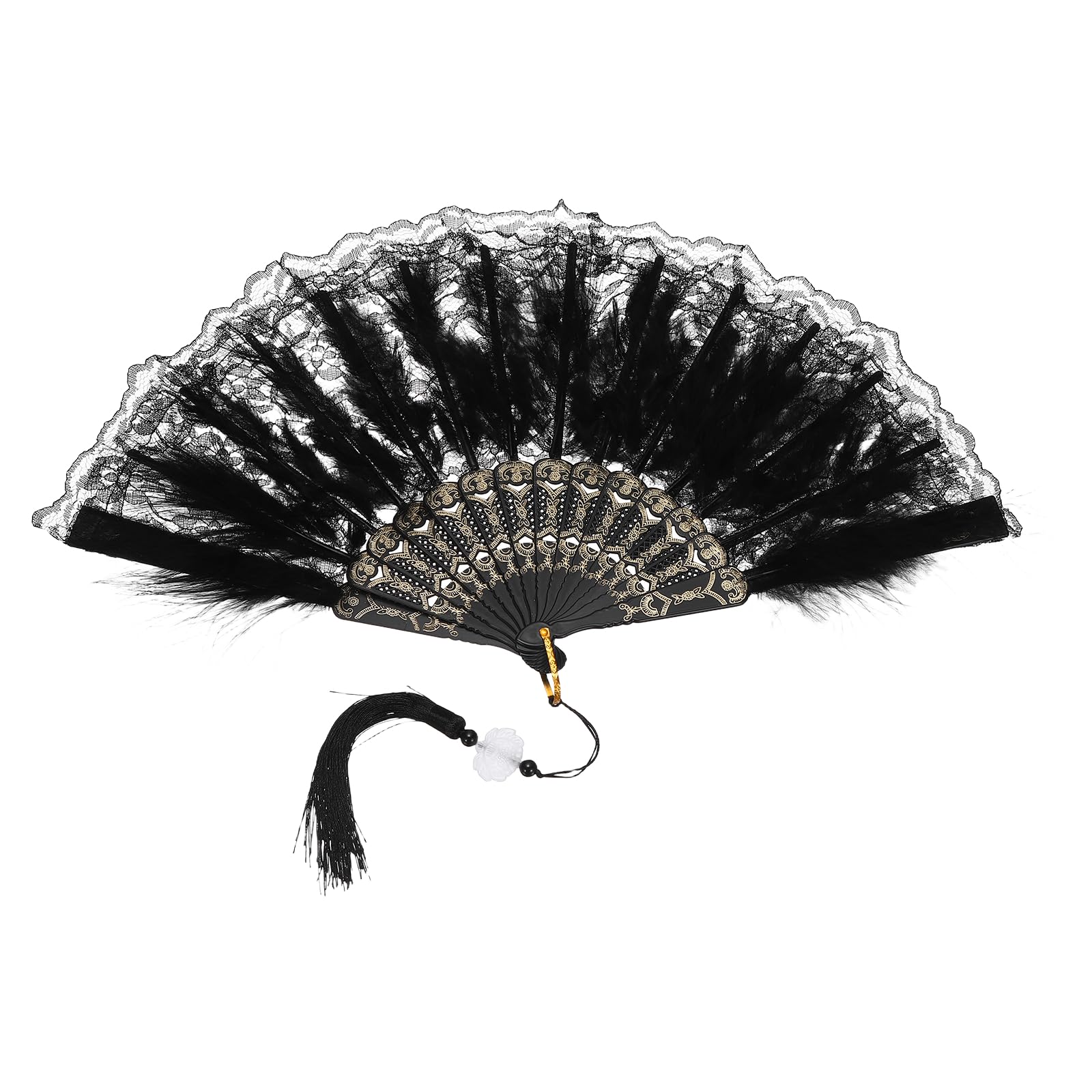 sourcing map 1 Pcs Vintage Folding Fan, Embroidered Flower Marabou Feather Fans 20s Vintage Style Handheld Folding Fan for Dancing Wedding Show Party Tea Party Occasions, Black(Lace)