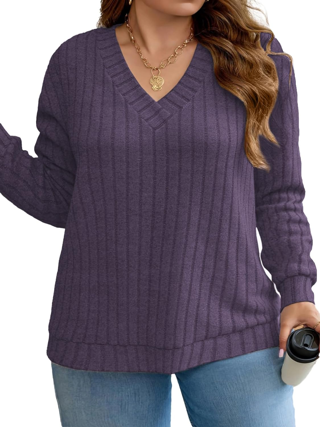 ROSRISS Plus-Size-Long-Sleeve-Tops for Women Casual V Neck Tunics Fall Fashion Shirts Trendy Lightweight Pullover Sweaters - Image 2