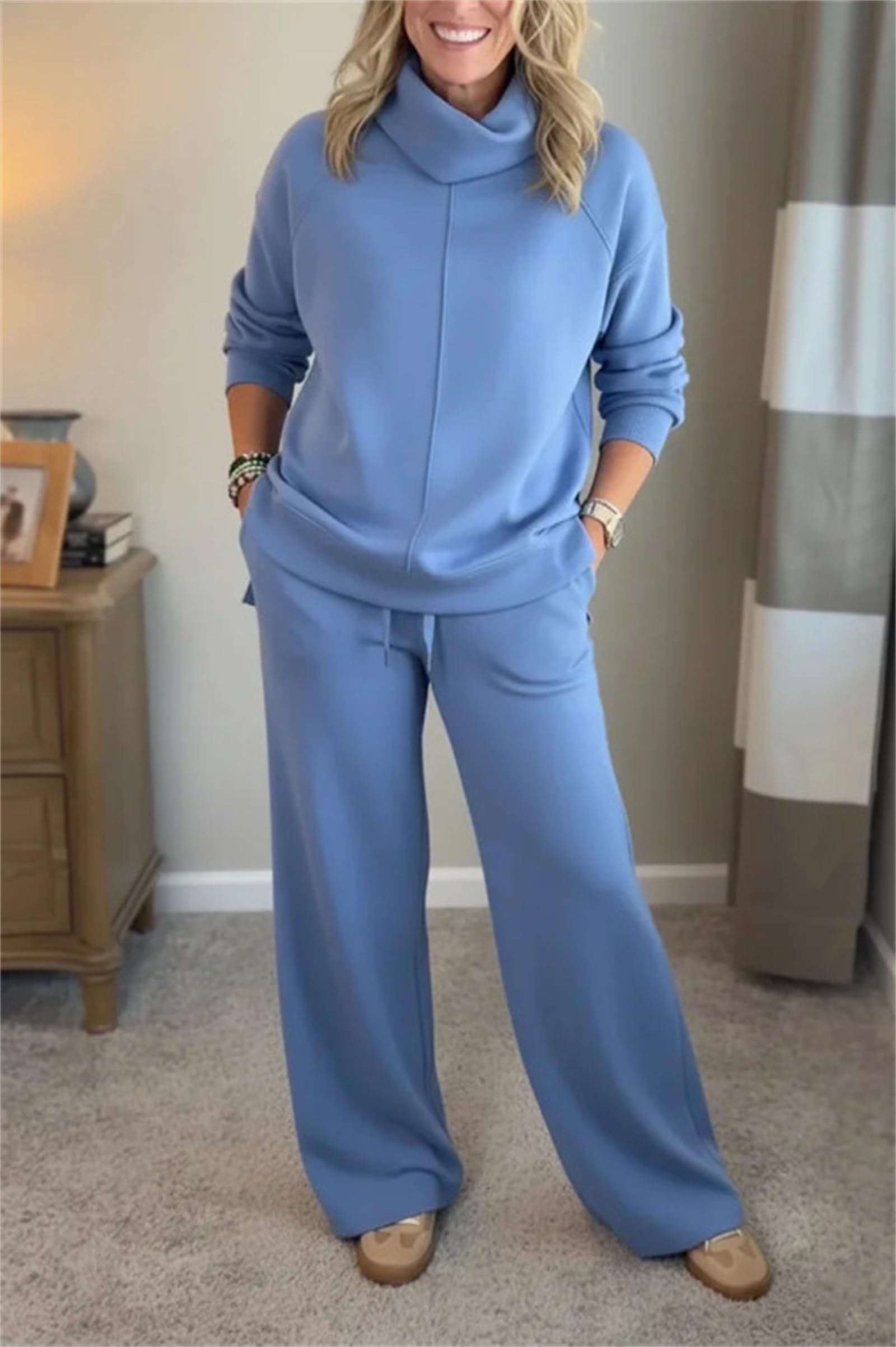Conjunto deportivo de 2 piezas para mujer, conjunto de sudadera de cuello alto de gran tamaño, conjunto de pantalones de pierna ancha, ropa de descanso, viajes, ropa de descanso