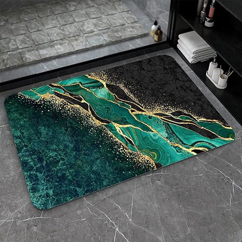 Alfombrilla de baño de tierra de diatomeas, mármol negro y verde dorado antideslizante de gran volumen súper absorbente de secado rápido para baño,