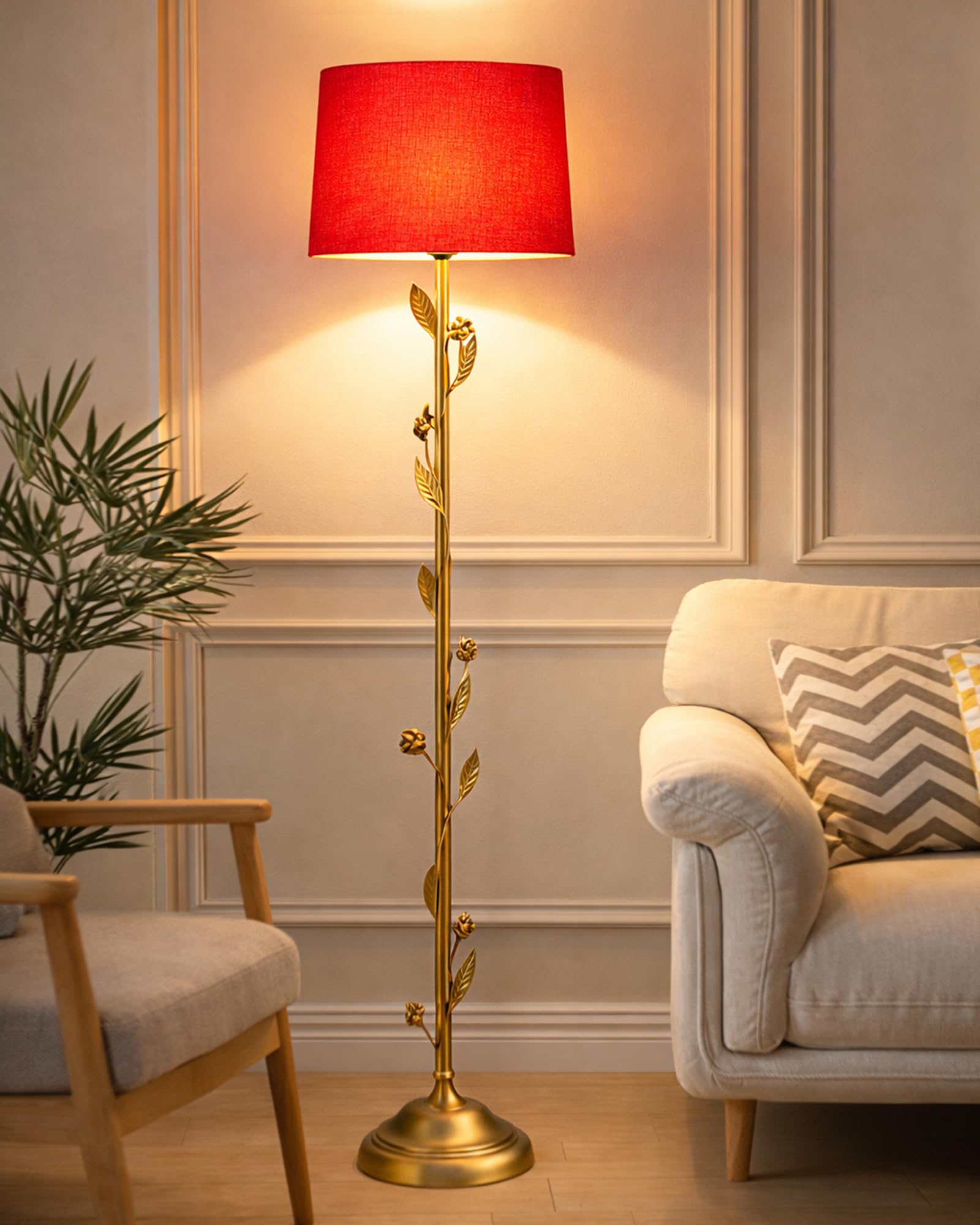 Homesake® Contemporary Metal Floor Lamp for Living Room | Minimalist Standing Floor Light with Iron Legs | E27 Lamp Base | Side Lamp for Living Room | Antique Gold (Floral, Red)-image-17