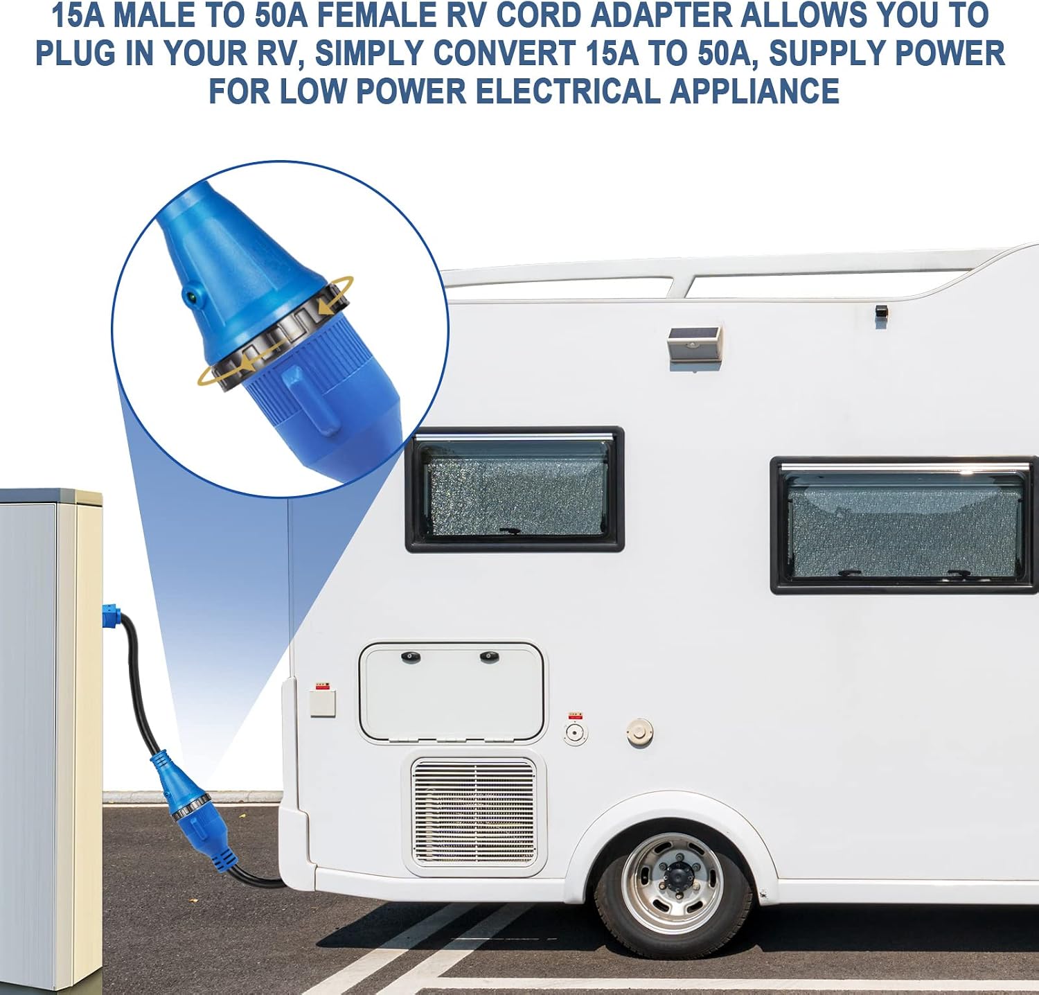 RV Adapter Cord 15 Amp to 50 Amp with Locking Connector for RV Trailer Camper, 5-15P Male to SS2-50R Female Twist Lock, Dog-bone Electrical Power Plug with LED Power Indicator, Deep Blue,12 Inch