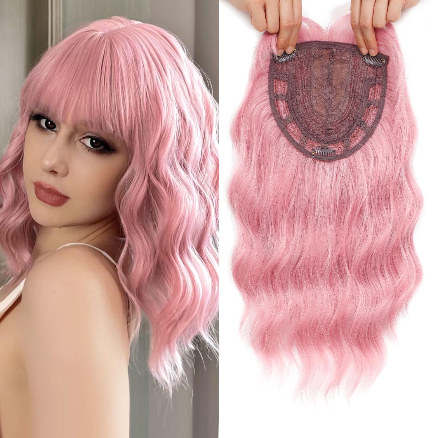 gulagula 14 Inch Wavy Hair Topper 6.5''X6.5'' Base Pink Wig for Ladies Synthetic Hair Pieces for Women with Bangs