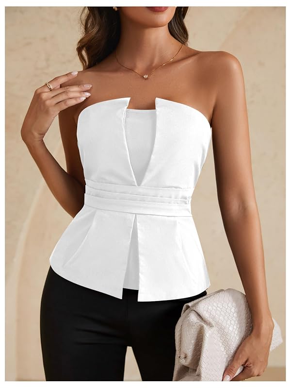 winkbay Women's Ruched Strapless Tube Top Elegant Asymmetrical Fitted Party Tops White Small by winkbay - Image 4