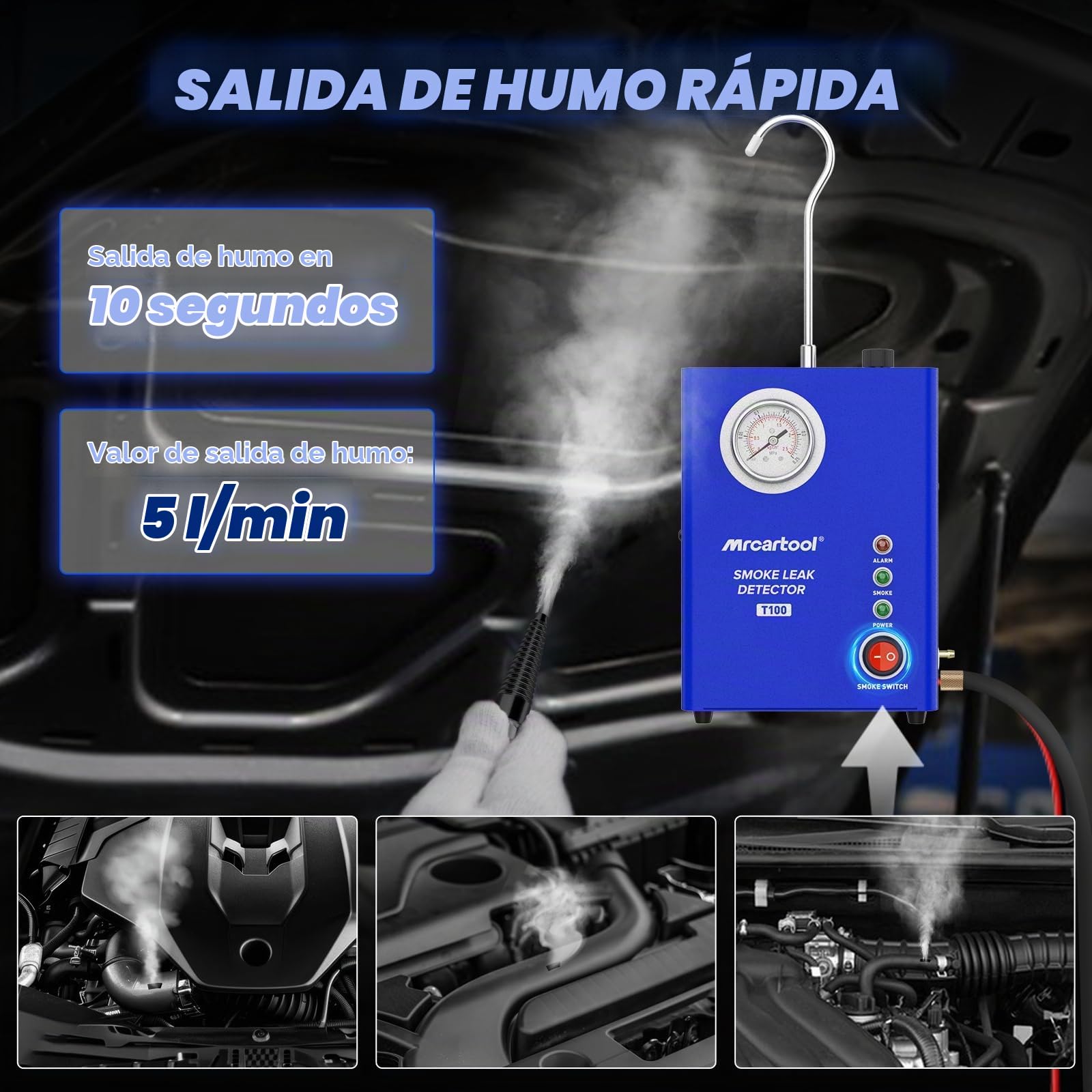 MR CARTOOL Máquina de Humo EVAP Detector de Fugas de Automóviles con Indicador de Presión y Bomba de Aire Incorporada, Probador de Diagnóstico al Vacío, Detector de Combustible de Tubería, DC 12V
