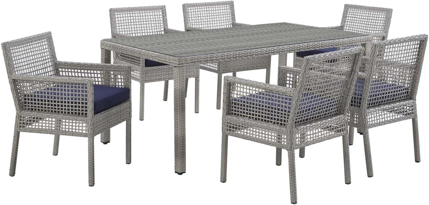 Modway Aura Wicker Rattan 7-Piece Outdoor Patio Dining Set with 68" Rectangle Dining Table and 6 Dining Armchairs in Gray Navy