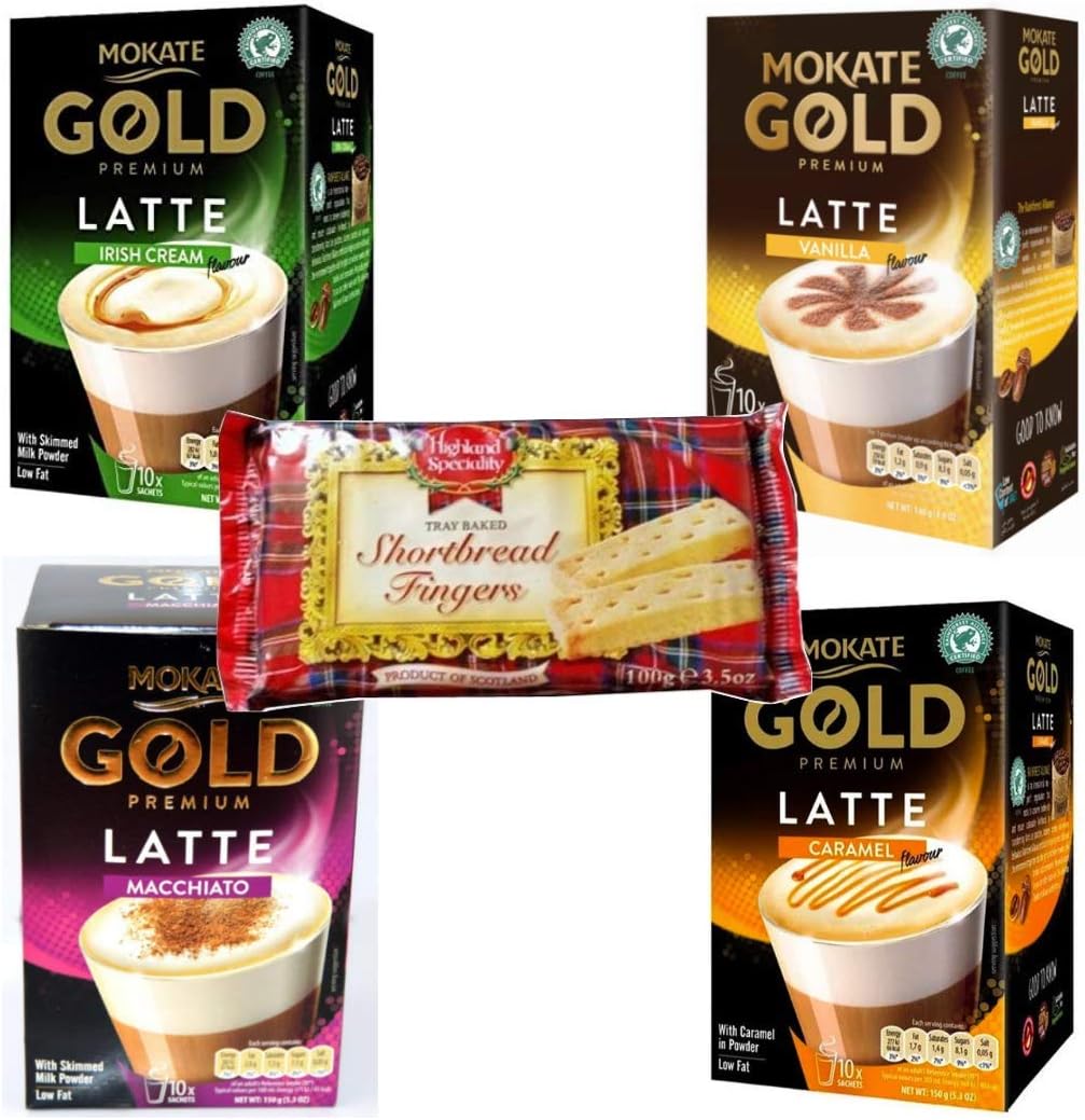 Mokate Gold Premium Latte with Skimmed Milk and Speciality Shortbread Fingers Set. Irish Cream, Vanilla, Caramel and Macchiato - Makes 40 Instant Coffees