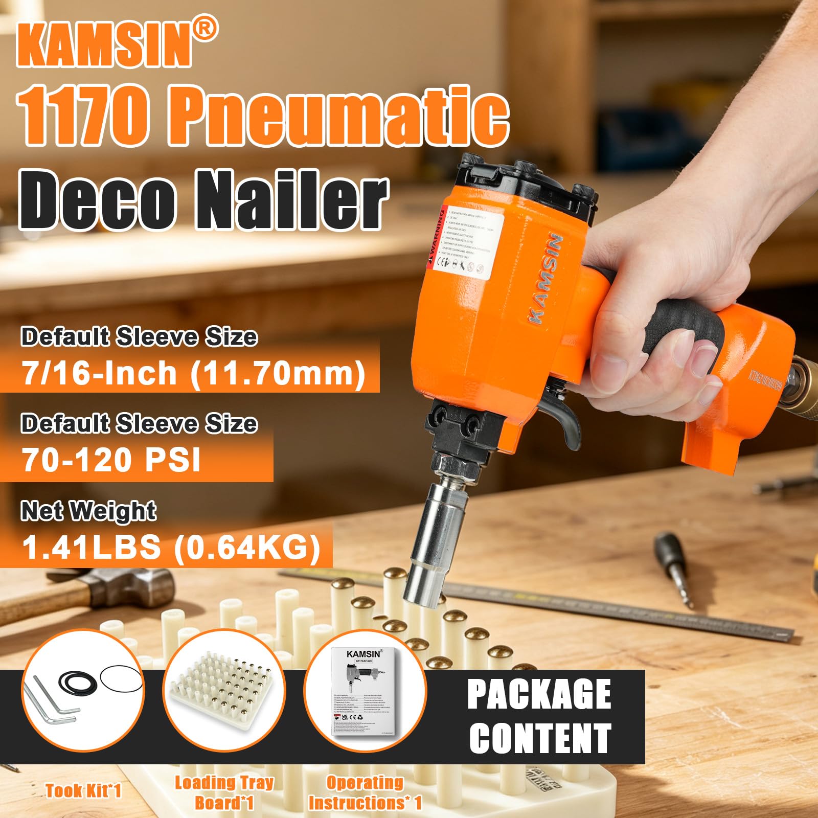 KAMSIN 1170 Cloueuse décorative pneumatique avec panneau de charge et manchon remplaçable, pistolet à clouer à air pour clous de tapisserie, épingles de tapisserie | Positionnement magnétique, plateau de chargement 54 agrafes, profondeur réglable, compati