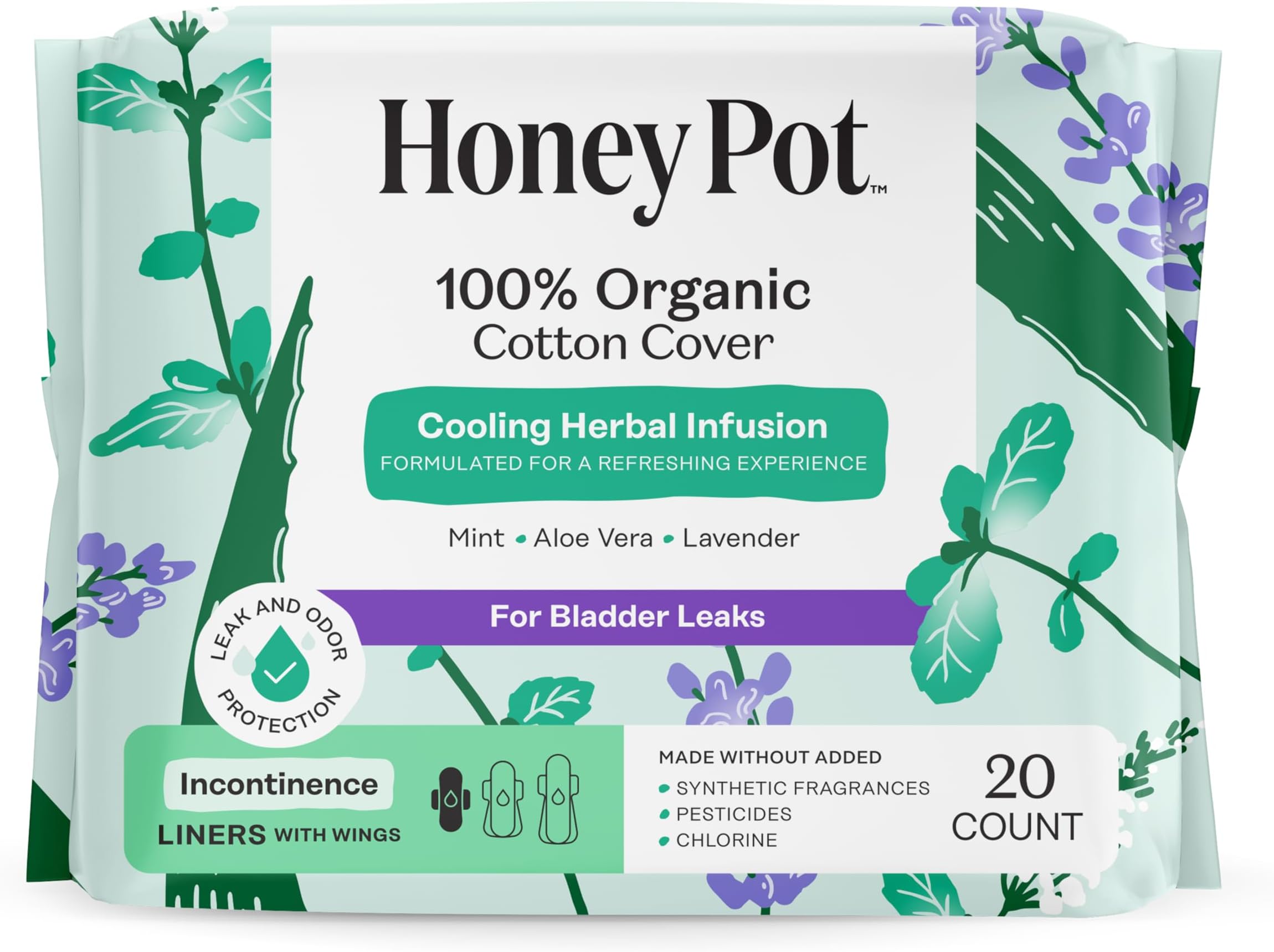 Herbal Panty Liners for Women - Organic Incontinence w/Wings - Infused w/Essential Oils for Cooling Effect - Postpartum Essentials - Feminine Care - 20ct