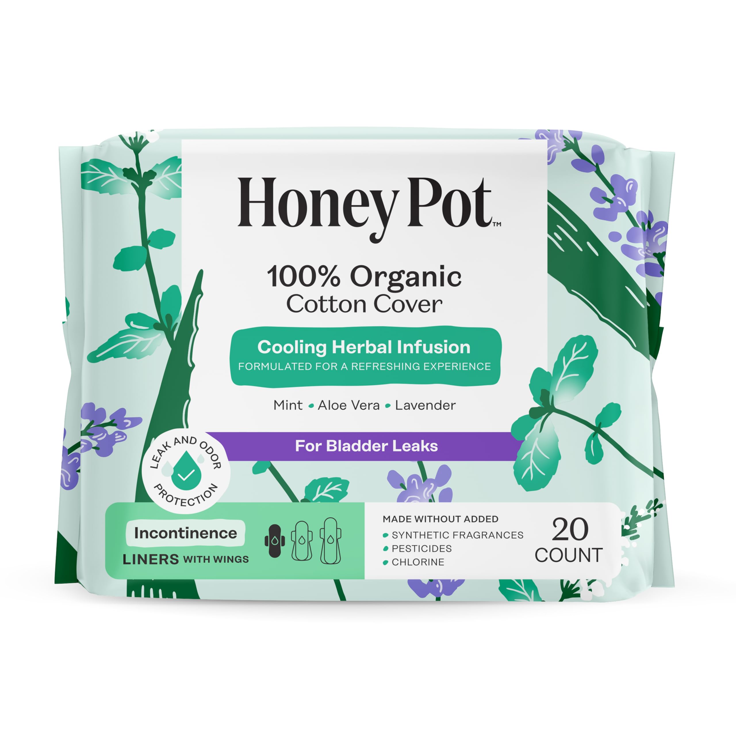 Herbal Panty Liners for Women - Organic Incontinence w/Wings - Infused w/Essential Oils for Cooling Effect - Postpartum Essentials - Feminine Care - 20ct