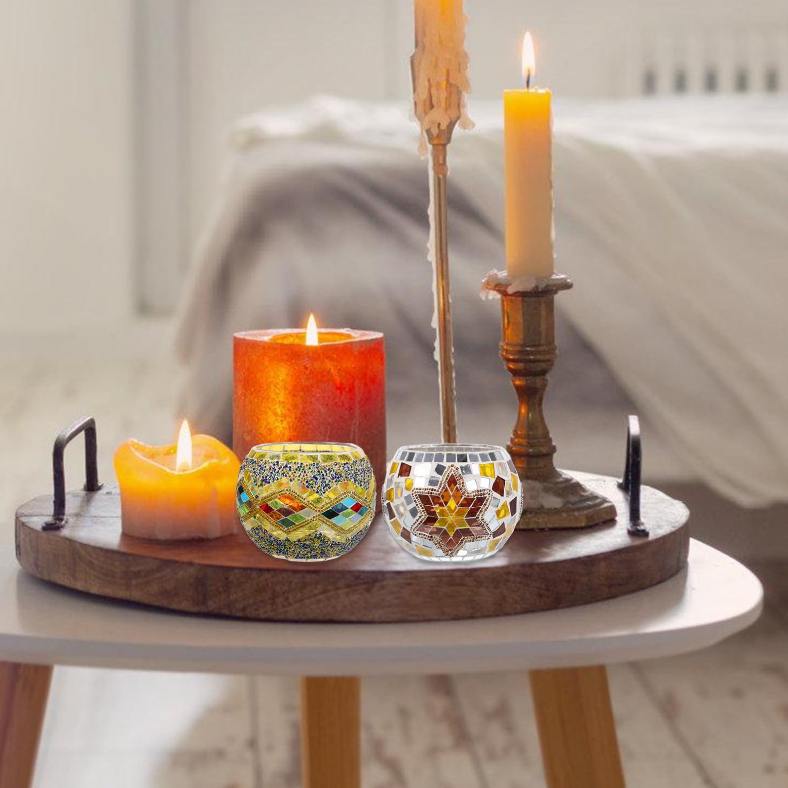 Balacoo Portacandele in Vetro Mosaico 2 Pezzi per Decorazione Casa e Banchetto, Stile Classico e Creativo, come Centrotavola Moderno