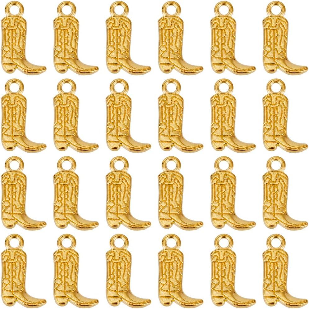 SUNNYCLUE 1 Box 50Pcs Gold Cowboy Boot Charm Western Charms Bulk Small Alloy Metal Vintage West Cowboys Horse Cowgirl Pendants for Jewelry Making DIY Necklaces Bracelets Earrings Supplies Women Adult