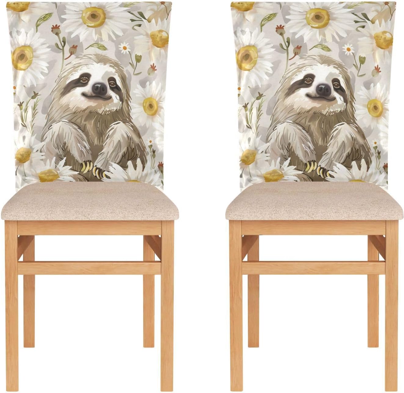 ALAZA Sloth White Daisy Chair Back Cover Set of 6, Washable Reusable Removable Chair Slipcovers Decorative Chair Cover for Home Kitchen Wedding Party