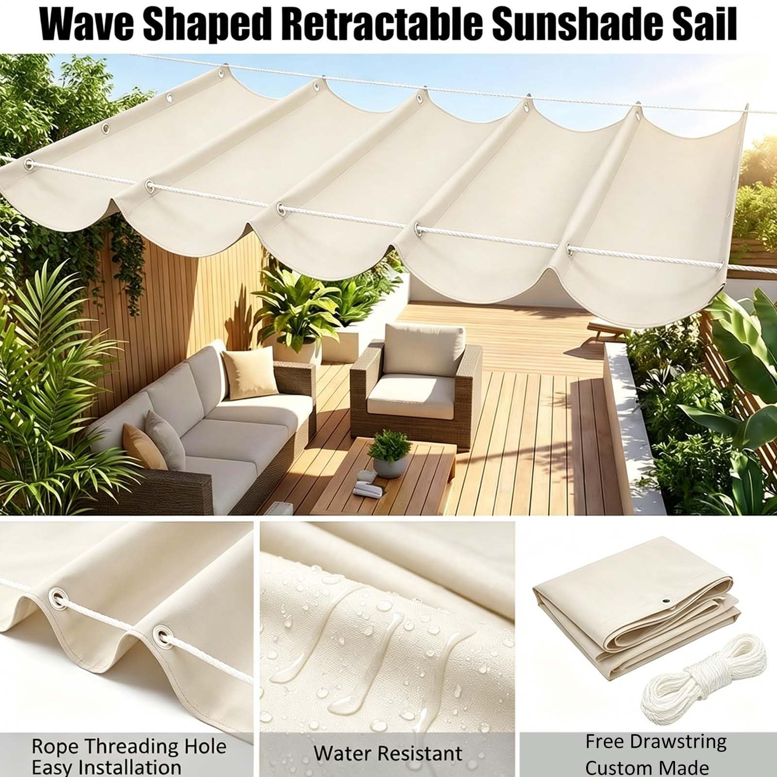 Vela Parasole Ondulata Retrattile 150 x 400 cm Regolabile, Protezione Solare, Resistente Ai Raggi UV Tenda da Sole per Esterno Vela Parasole per Terrazze, Pergolato, bianco