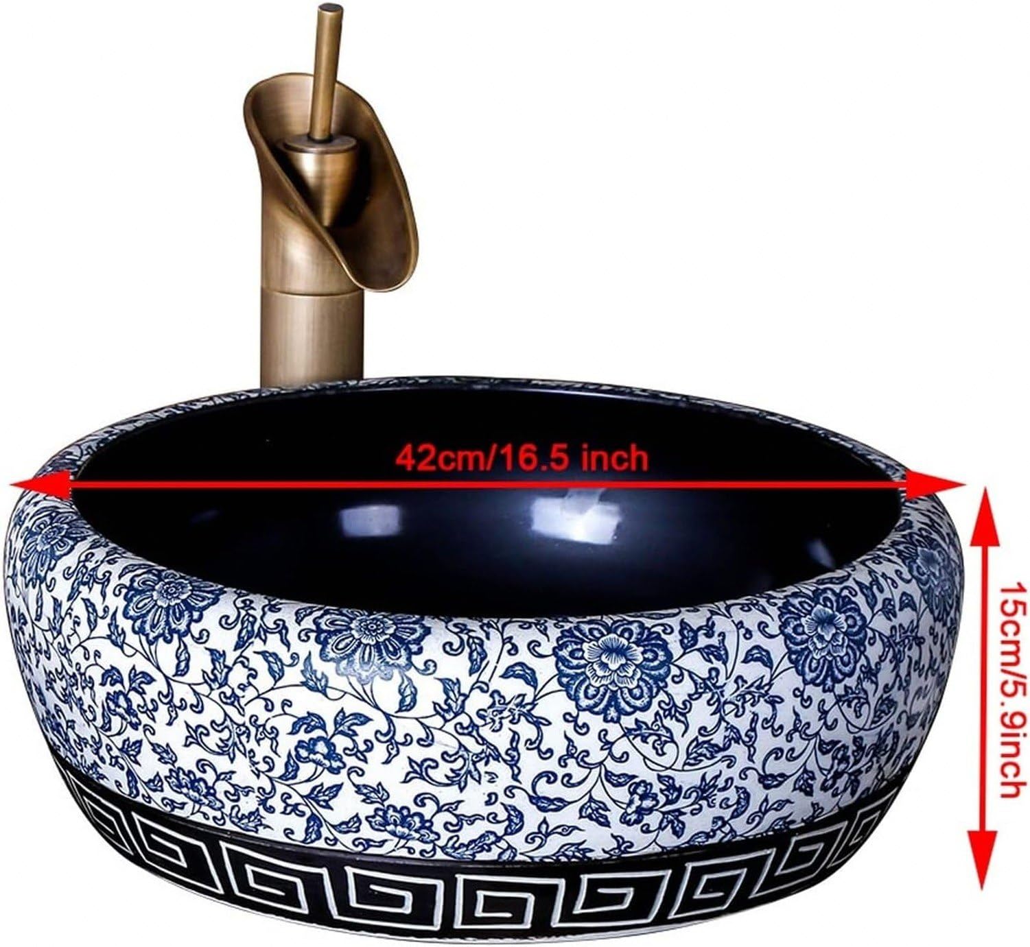Lavabo de Porcelana Azul y Blanco Redondo para Baño 16,5'', Solo Pot