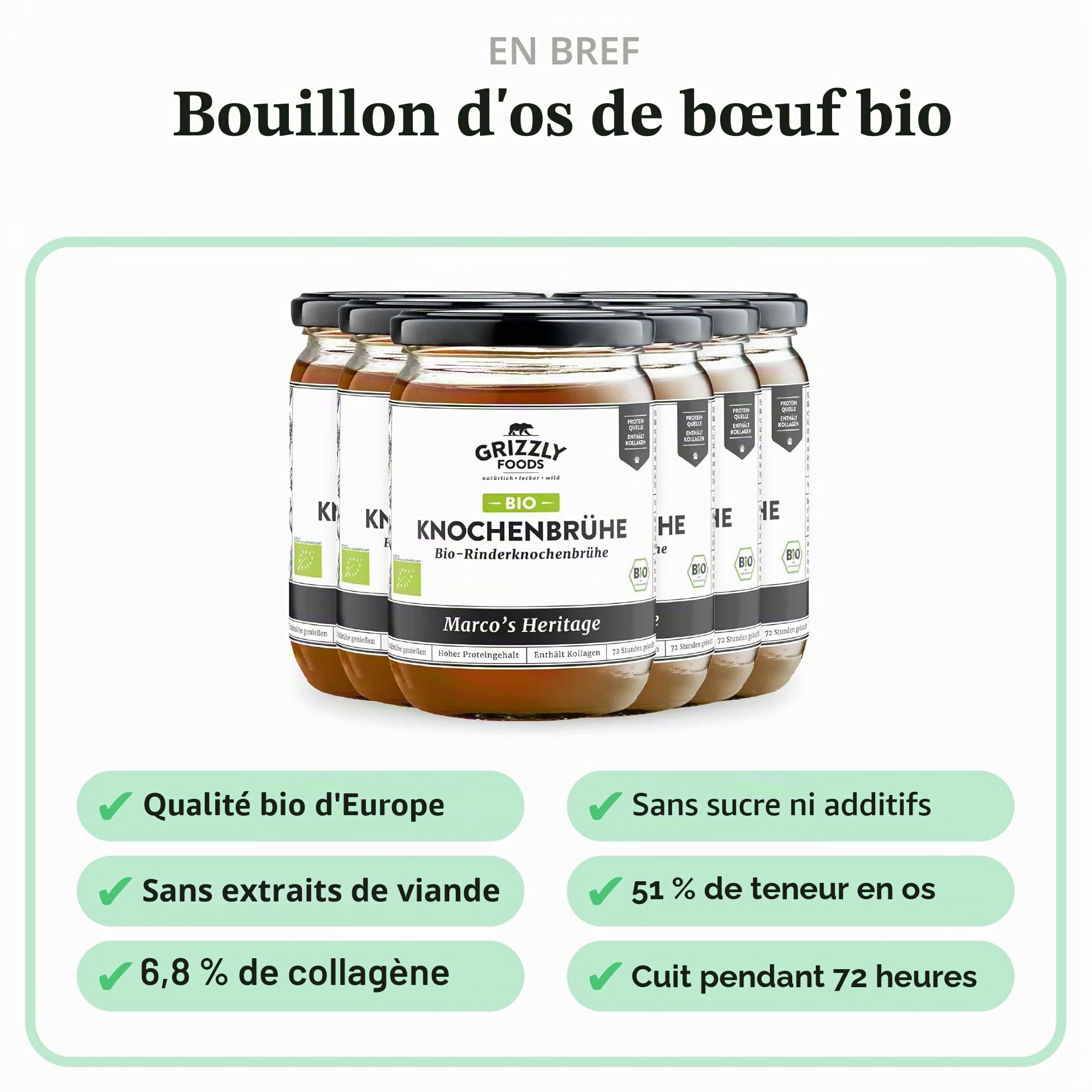 Grizzly Foods Bouillon d'os de bœuf bio (6 x 500 ml) - 25 g de collagène par verre - Cuit pendant 72 heures - 100 % naturel - Sans sucre, sans additifs - Nutriments précieux - Bone Broth - Bouillon