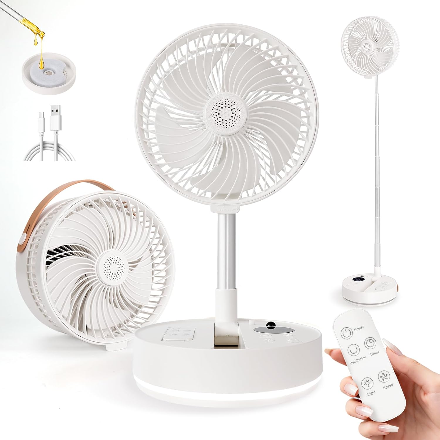 Portable Fan Rechargeable with Scent Function – Foldable & Extendable 3.4ft, 7200mAh Rechargeable Battery, 90° Oscillation & 4-Speed Adjustable, Desk & Floor Fan for Bedroom, Office, Travel, Quiet
