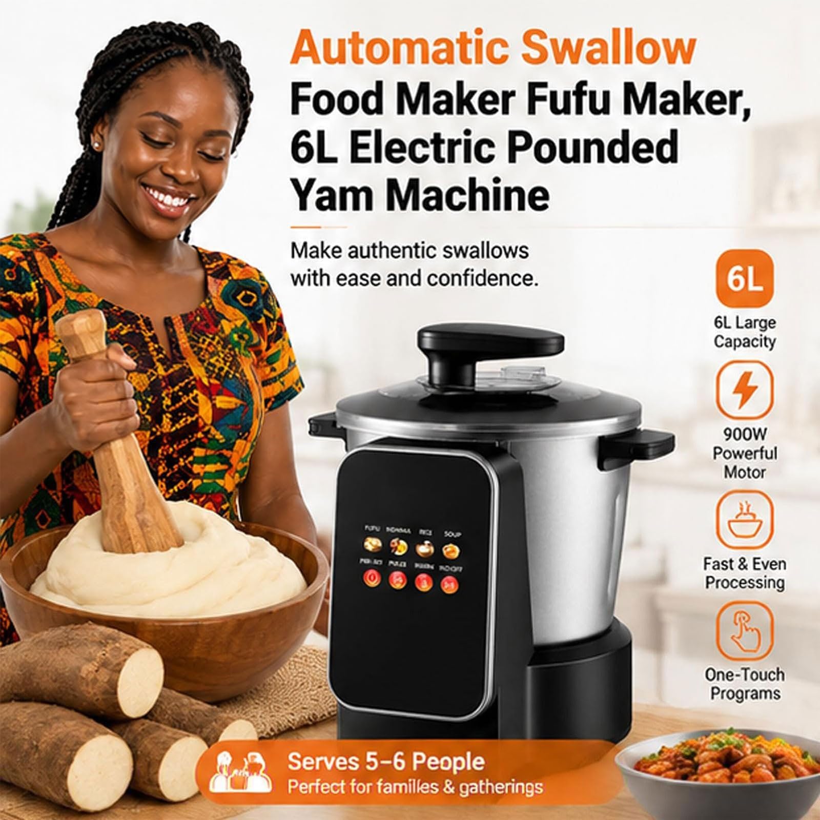 Fufu Maker 900 W, 6 l, automatyczny robot kuchenny do naczyń afrykańskich, ekran dotykowy LED, łatwy do czyszczenia, stal nierdzewna, idealny do Yam, Ugali, Amala, semoliny